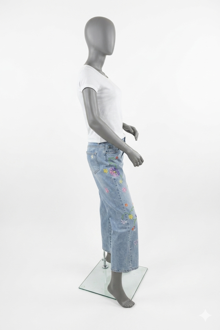 Jeans met geborduurde bloemen zijkant