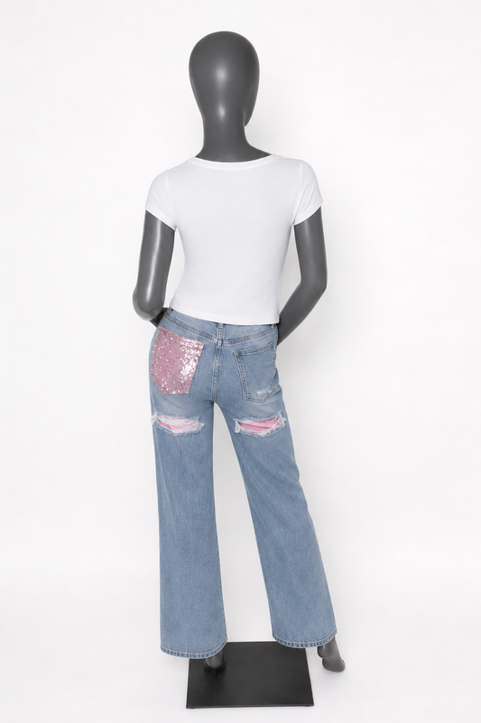 Ripped jeans roze glitter zak achterkant