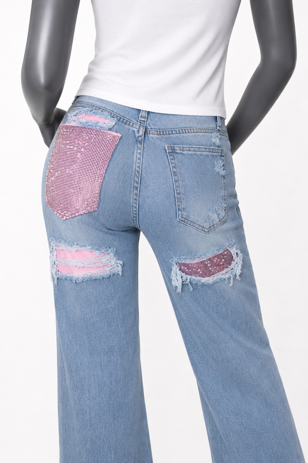 Ripped jeans roze glitter zak achterkant detail